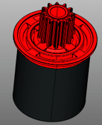 Ein extrahierter Rotor aus dem vorherigen Wolformgetriebe, Das Bauteil ist im 2K Prozess gefertigt und besteht aus einem gespritzen Hardferrit welcher mit einem PPS Zahnrad verbunden ist