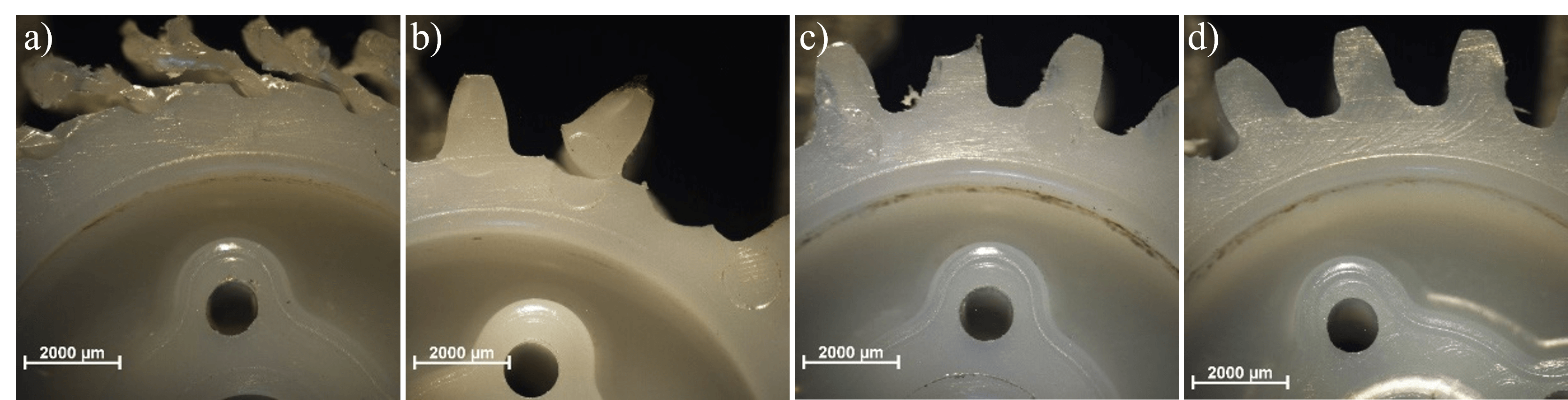 Microscopic images of four plastic gear samples labeled a–d showing different wear and damage levels.