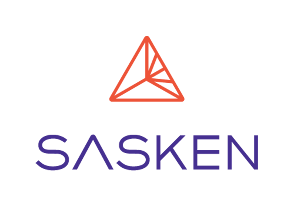 Orangenes Dreieck mit durchzogenen Linien auf transparentem Hintergrund mit violettem Text "SASKEN" da drunter
