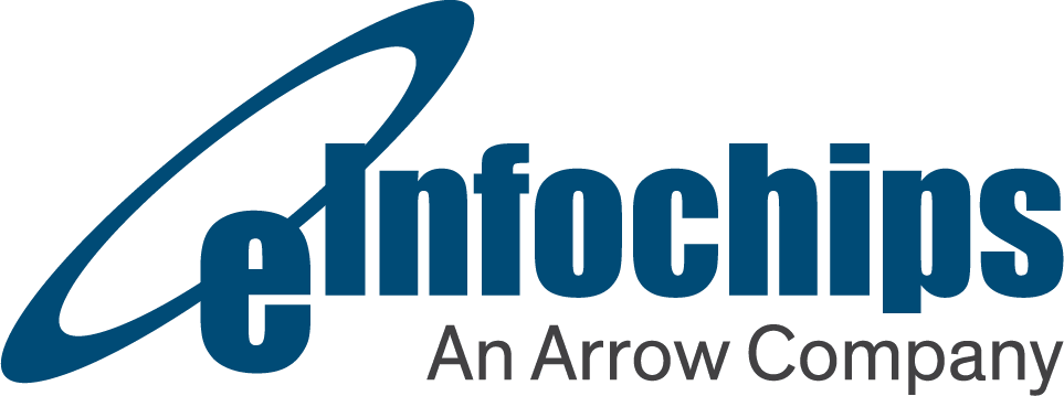 Blaues Logo mit dem Text "einfochips an arrow company" auf transparentem Hintergrund