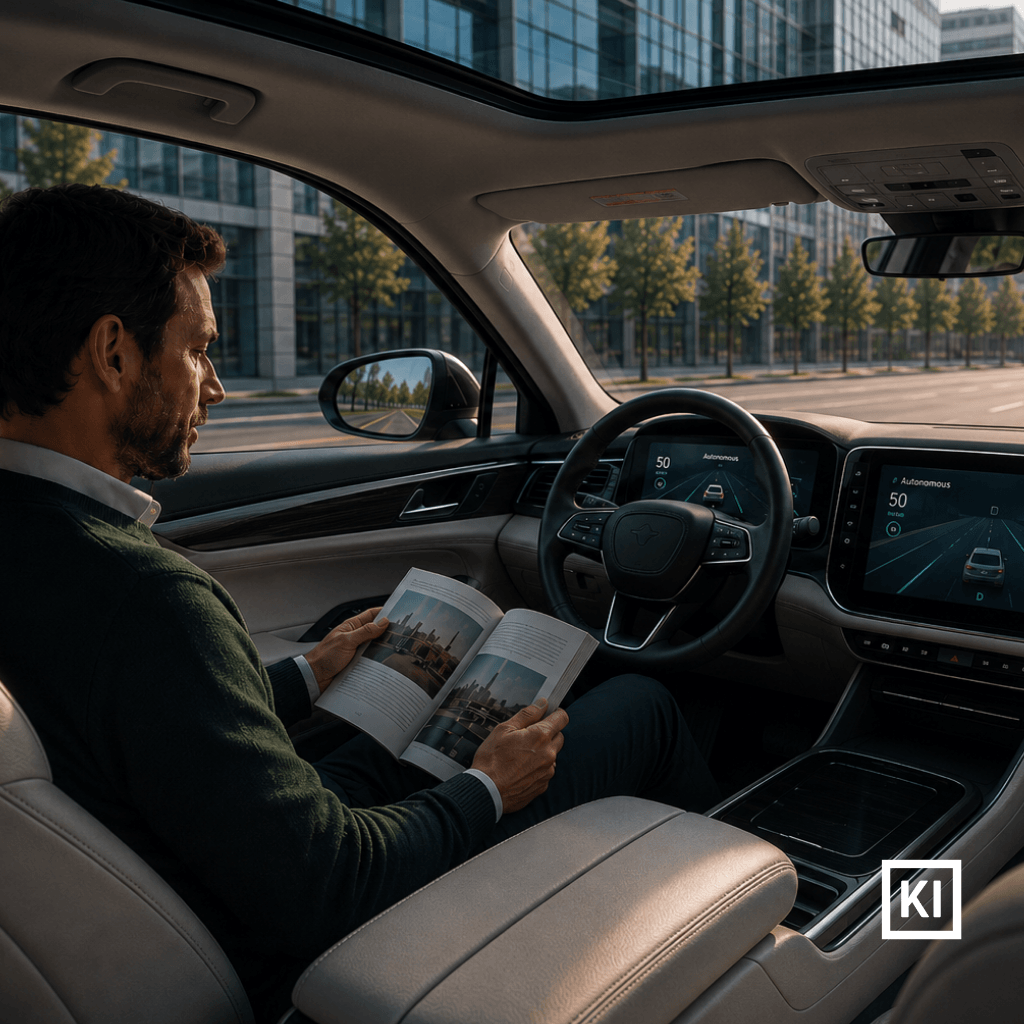 Mann sitzt in einem Auto und liest ein Buch. Auf dem Infotainment-Display ist ein Fahrzeug zu sehen, das automatisiertes Fahren symbolisiert. Das Bild ist KI-generiert.