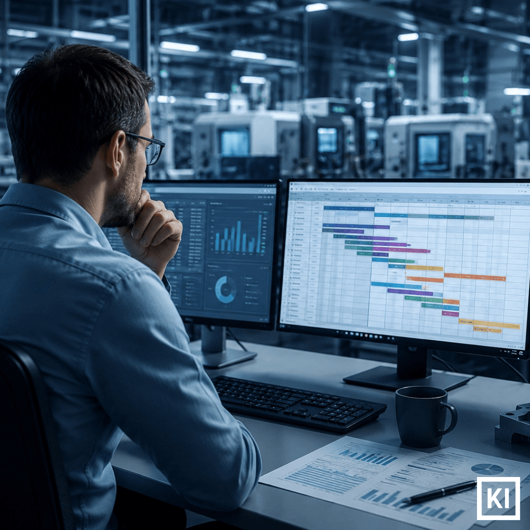 Ein Mann arbeitet in einem Labor an einem Computer mit drei Bildschirmen, die verschiedene Grafiken und Diagramme zeigen. Bildquelle: KI-generiert.