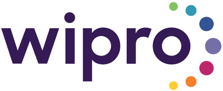 Lila Logo mit der Schrift "wipro" mit regenbogenfarbenen Punkten daneben, die zu einem Halbkreis angeordnet sind