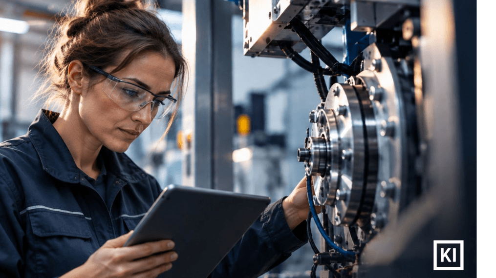 Frau die auf ein Tablet schaut und dabei eine Maschine prüft. Bildquelle ist KI generiert.
