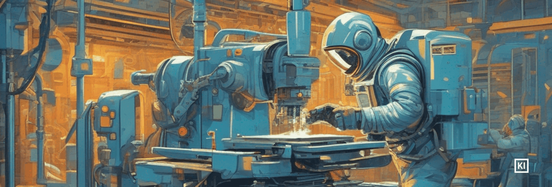 Illustration eines Astronauten in einer Werkstatt, der an einer großen Industriemaschine arbeitet. Bildquelle: KI generiert.