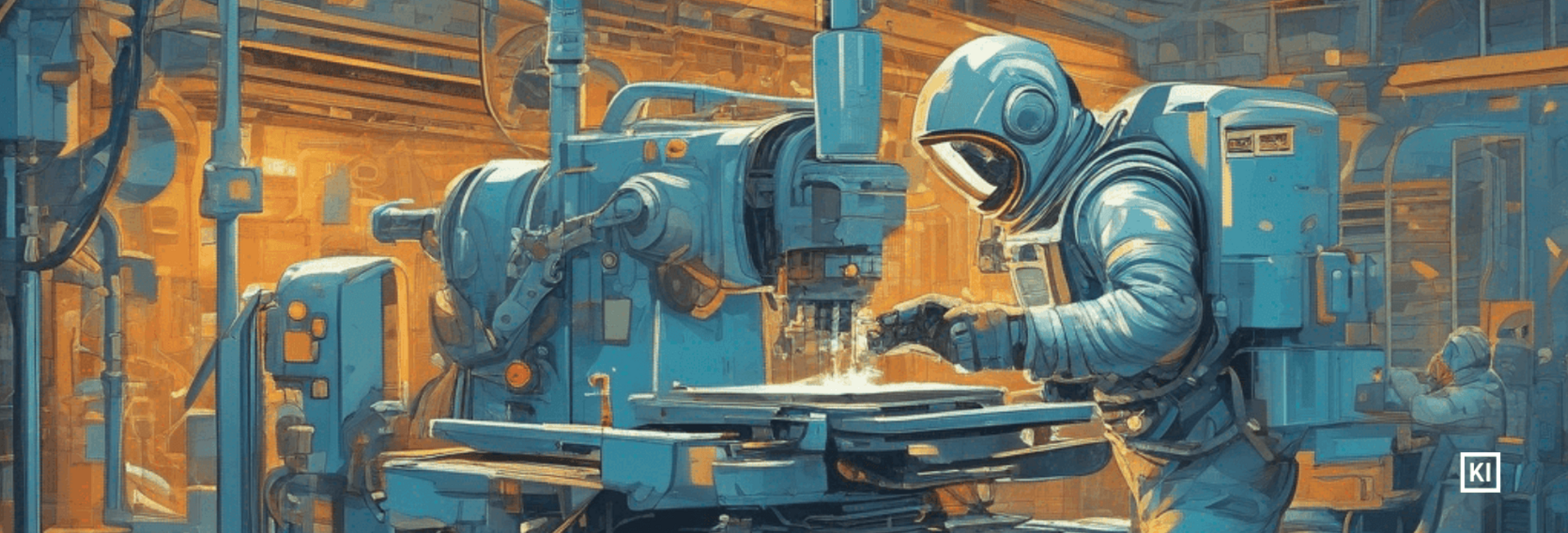 Illustration eines Astronauten in einer Werkstatt, der an einer großen Industriemaschine arbeitet.
