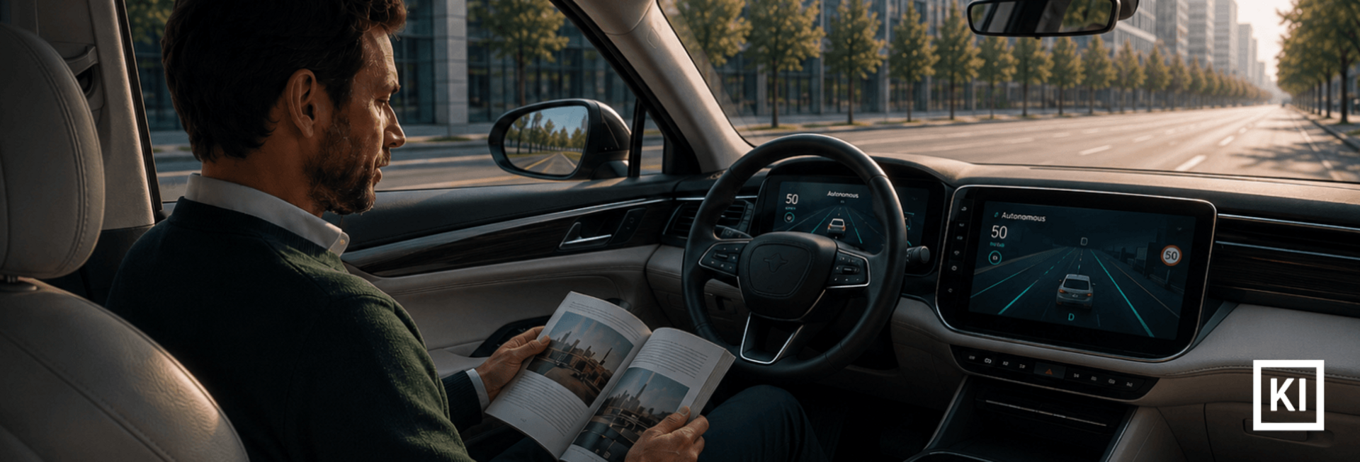 Mann sitzt in einem Auto und liest ein Buch. Auf dem Infotainment-Display ist ein Fahrzeug zu sehen, das automatisiertes Fahren symbolisiert. Das Bild ist KI-generiert.