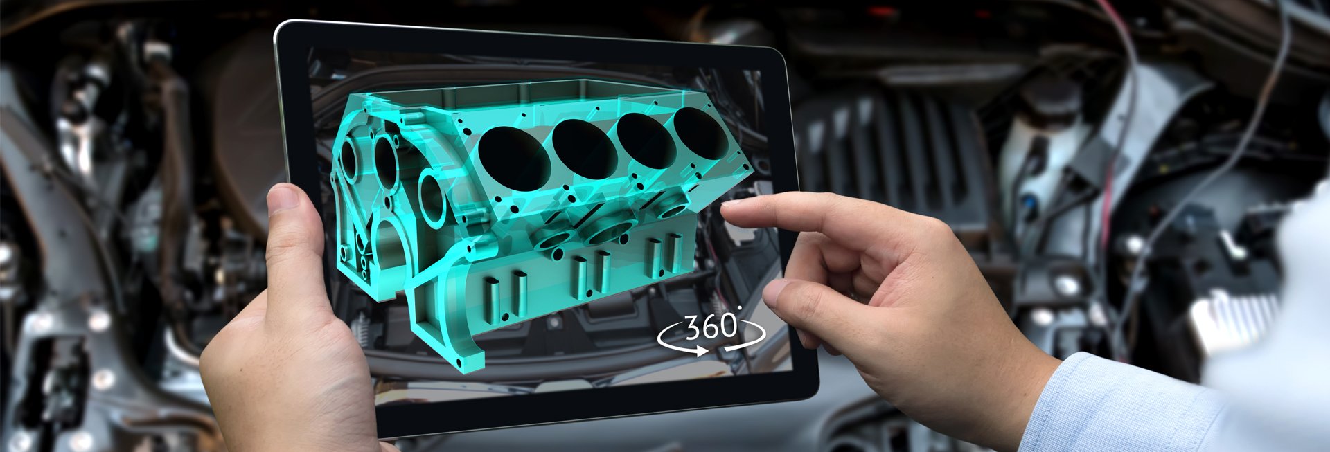 360-Grad-Ansicht eines Motors auf einem Tablet.