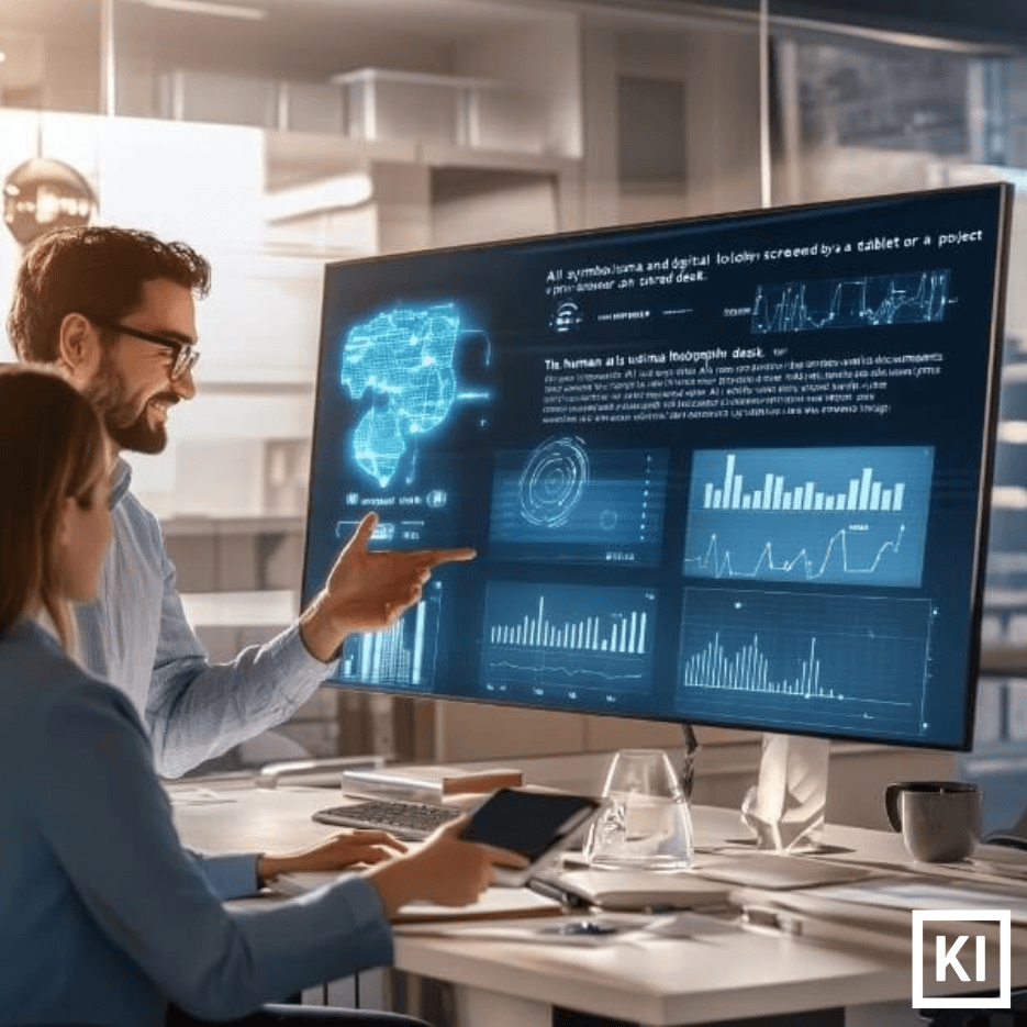 Zwei Personen betrachten Datenvisualisierungen und Diagramme auf einem großen Bildschirm im modernen Büro. Bildquelle: KI generiert.