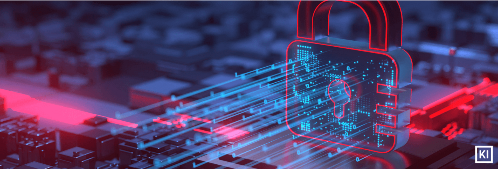 Digitales Vorhängeschloss mit roten und blauen Datenströmen als Symbol für Cybersicherheit.