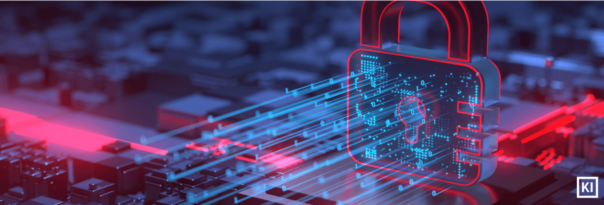Digitales Vorhängeschloss mit roten und blauen Datenströmen als Symbol für Cybersicherheit. Bildquelle: KI generiert.