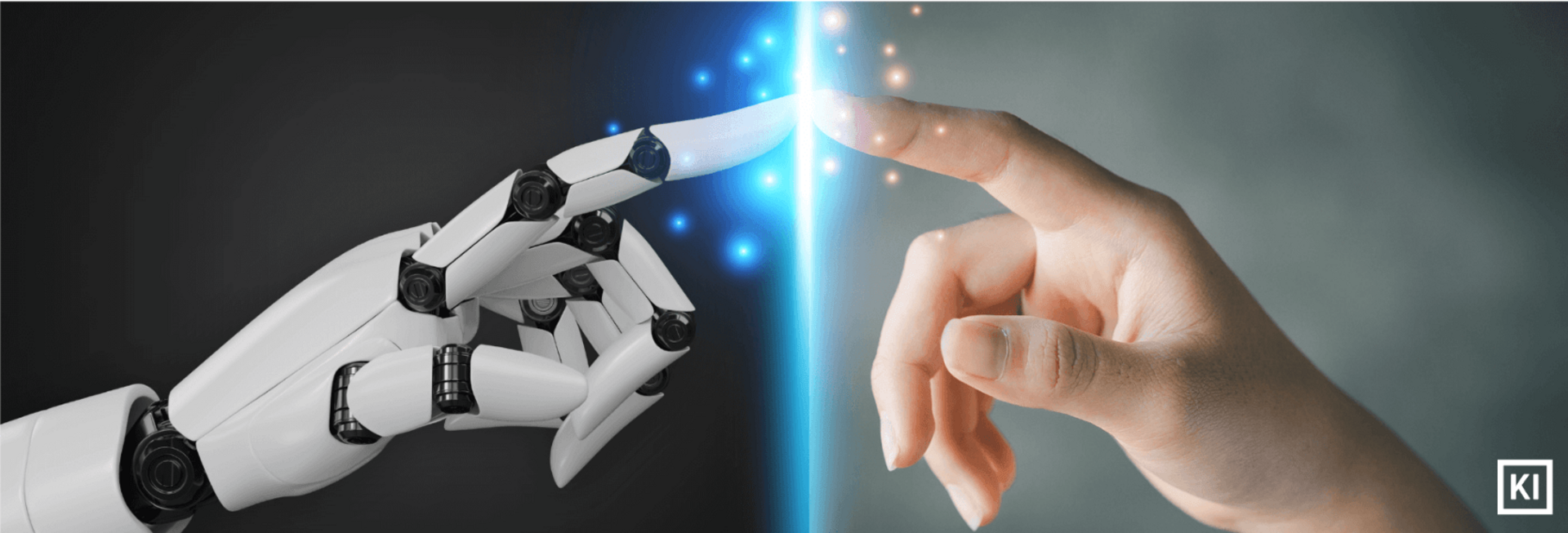 Roboterhand und menschliche Hand berühren sich durch eine leuchtende Barriere mit blauen Lichtpunkten.