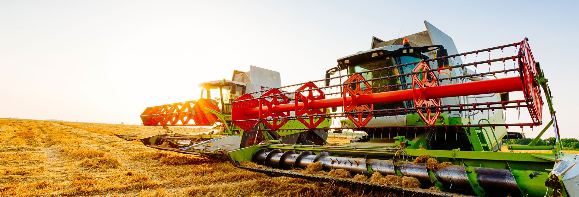 Zwei Mähdrescher, die über ein Feld fahren.