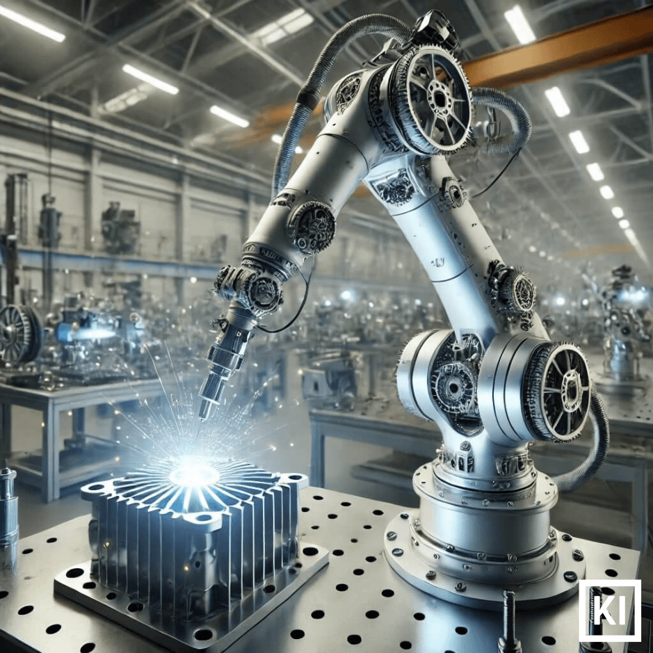 Industrieroboter schweißt präzise an einem Metallteil in einer modernen Fabrikumgebung. Bildquelle: KI generiert.